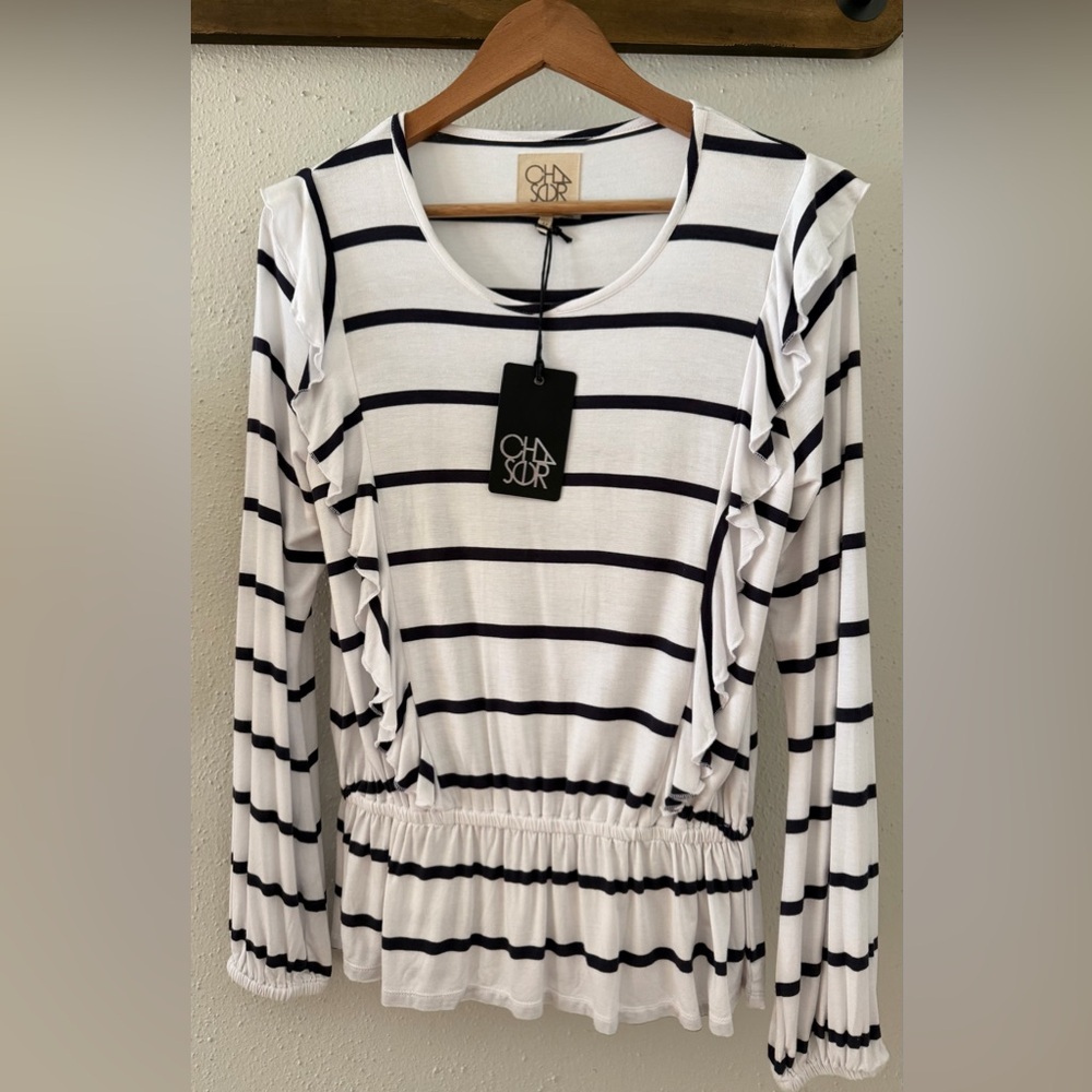 CHASER Sailor Striped Ruffle Long Sleeve Top M NEW